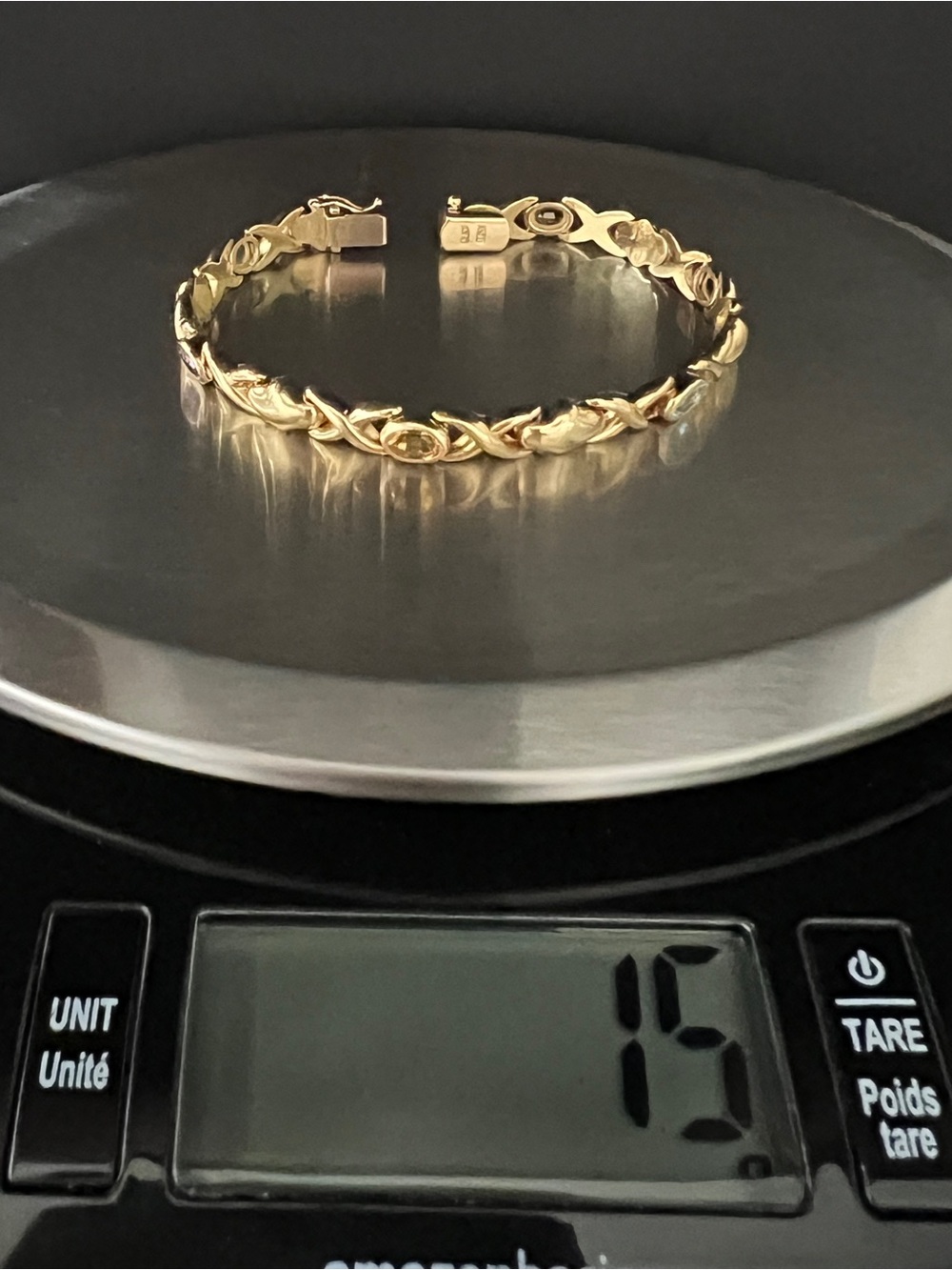 18K Gold Vintage “XO” Infinity bracelet, Italy, 8in, 15g, Bevel set gemstones - Picture 10 of 11